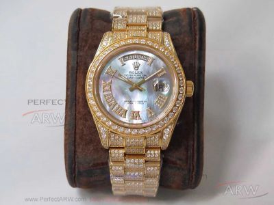 TW Copy 904L Rolex Day Date 41 Baguette Diamond Bezel MOP Dial All Gold Band 2836 Automatic Watch